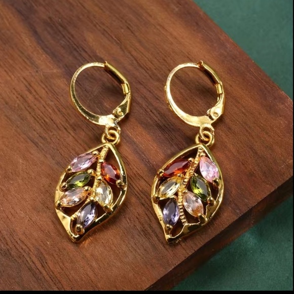 Multi-Color Cubic Zirconia Leaf 14k Gold Plated Earrings - Picture 2 of 4